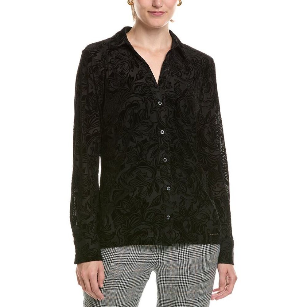 Halston Womens Paisley Velvet Button-Up Top, Black
